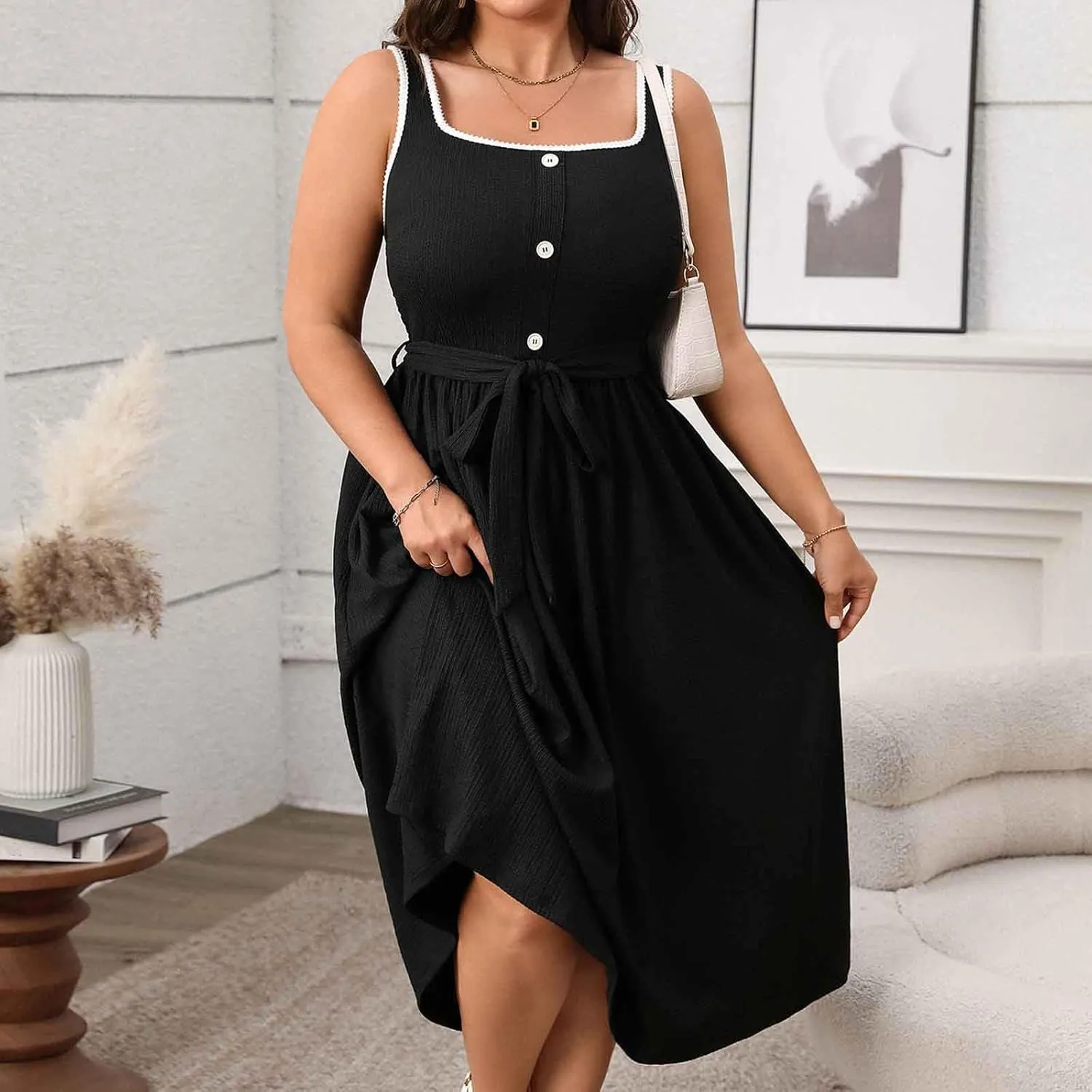 Womens Summer Dress Plus Size Sleeveless Square Neck Button Tank Sundress Casual Trendy A-Line Smocked Flowy Dresses