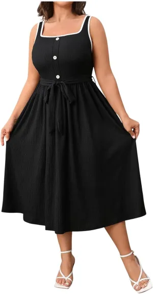 Womens Summer Dress Plus Size Sleeveless Square Neck Button Tank Sundress Casual Trendy A-Line Smocked Flowy Dresses