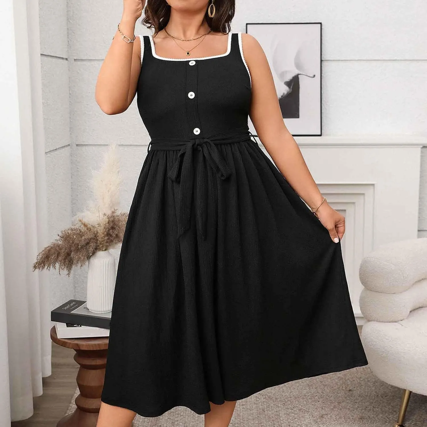 Womens Summer Dress Plus Size Sleeveless Square Neck Button Tank Sundress Casual Trendy A-Line Smocked Flowy Dresses
