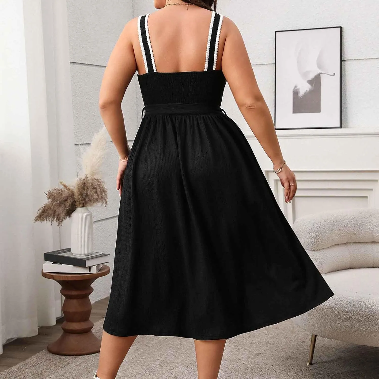 Womens Summer Dress Plus Size Sleeveless Square Neck Button Tank Sundress Casual Trendy A-Line Smocked Flowy Dresses