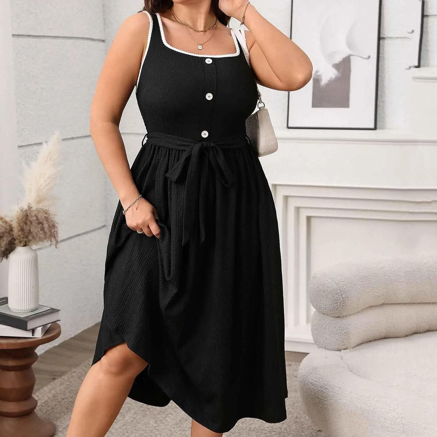 Womens Summer Dress Plus Size Sleeveless Square Neck Button Tank Sundress Casual Trendy A-Line Smocked Flowy Dresses