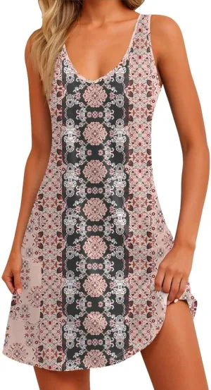 Women's Summer Dresses Beach Floral Tshirt Sundress 2025 Casual Sleeveless Tank Loose Boho U Neck Vacation Sundresses