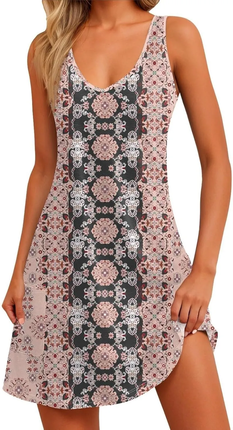 Women's Summer Dresses Beach Floral Tshirt Sundress 2025 Casual Sleeveless Tank Loose Boho U Neck Vacation Sundresses