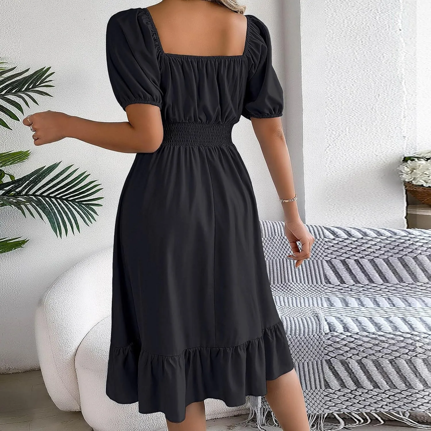 Womens Summer Dresses Short Sleeve Casual Swing Dress Elegant Square Neck Empire Waist Ruffle Sundress 2024
