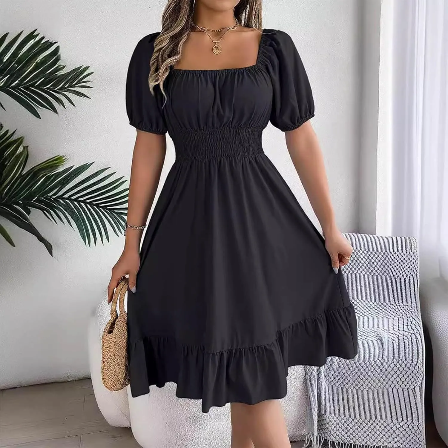 Womens Summer Dresses Short Sleeve Casual Swing Dress Elegant Square Neck Empire Waist Ruffle Sundress 2024