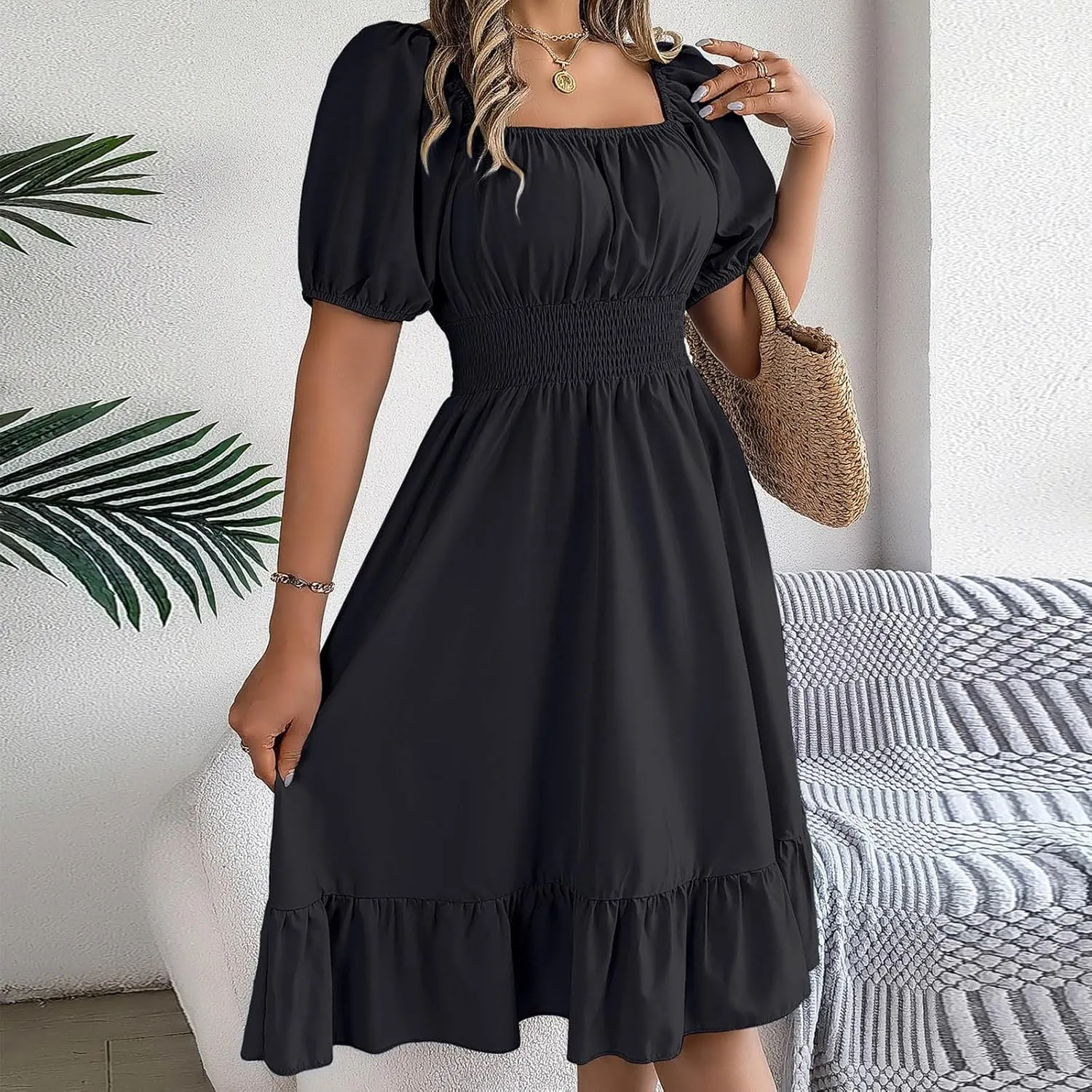 Womens Summer Dresses Short Sleeve Casual Swing Dress Elegant Square Neck Empire Waist Ruffle Sundress 2024