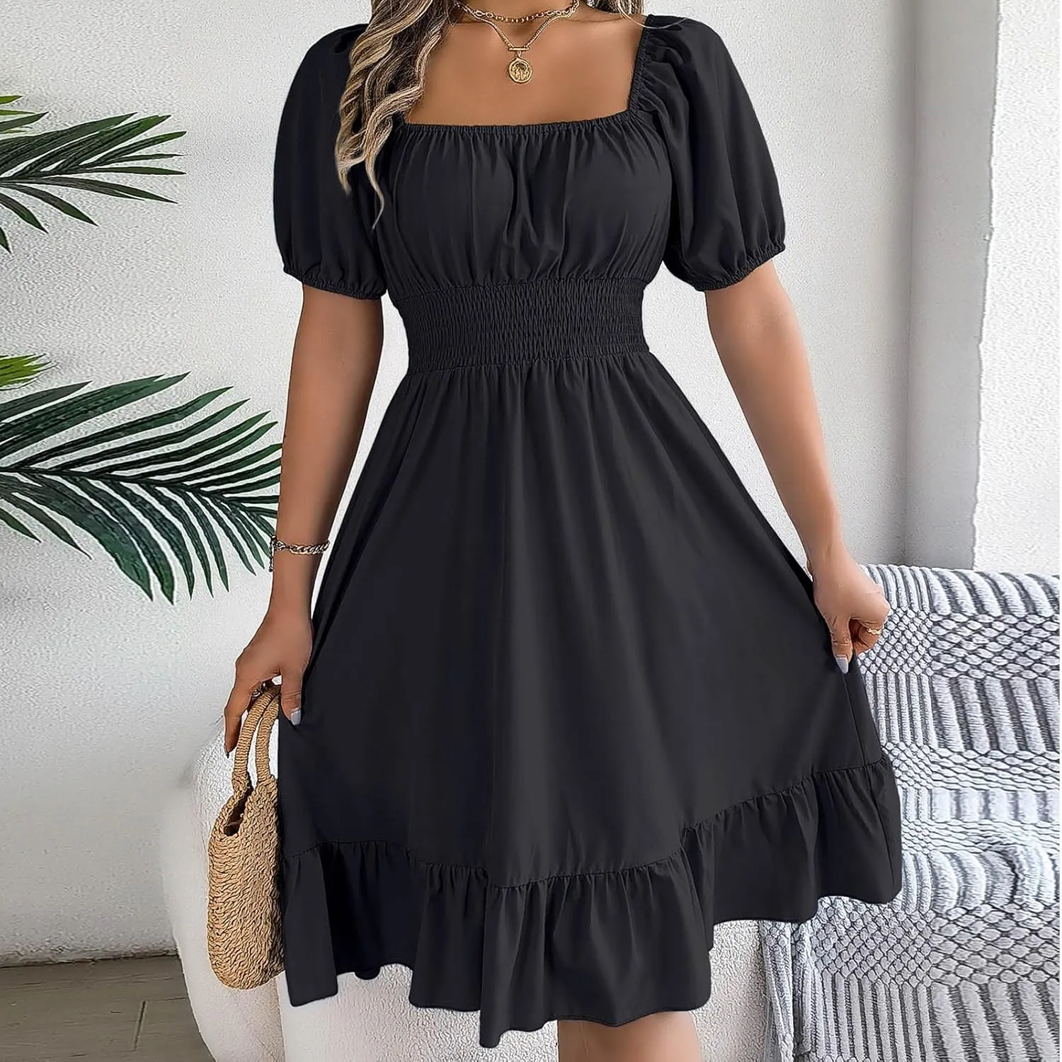 Womens Summer Dresses Short Sleeve Casual Swing Dress Elegant Square Neck Empire Waist Ruffle Sundress 2024