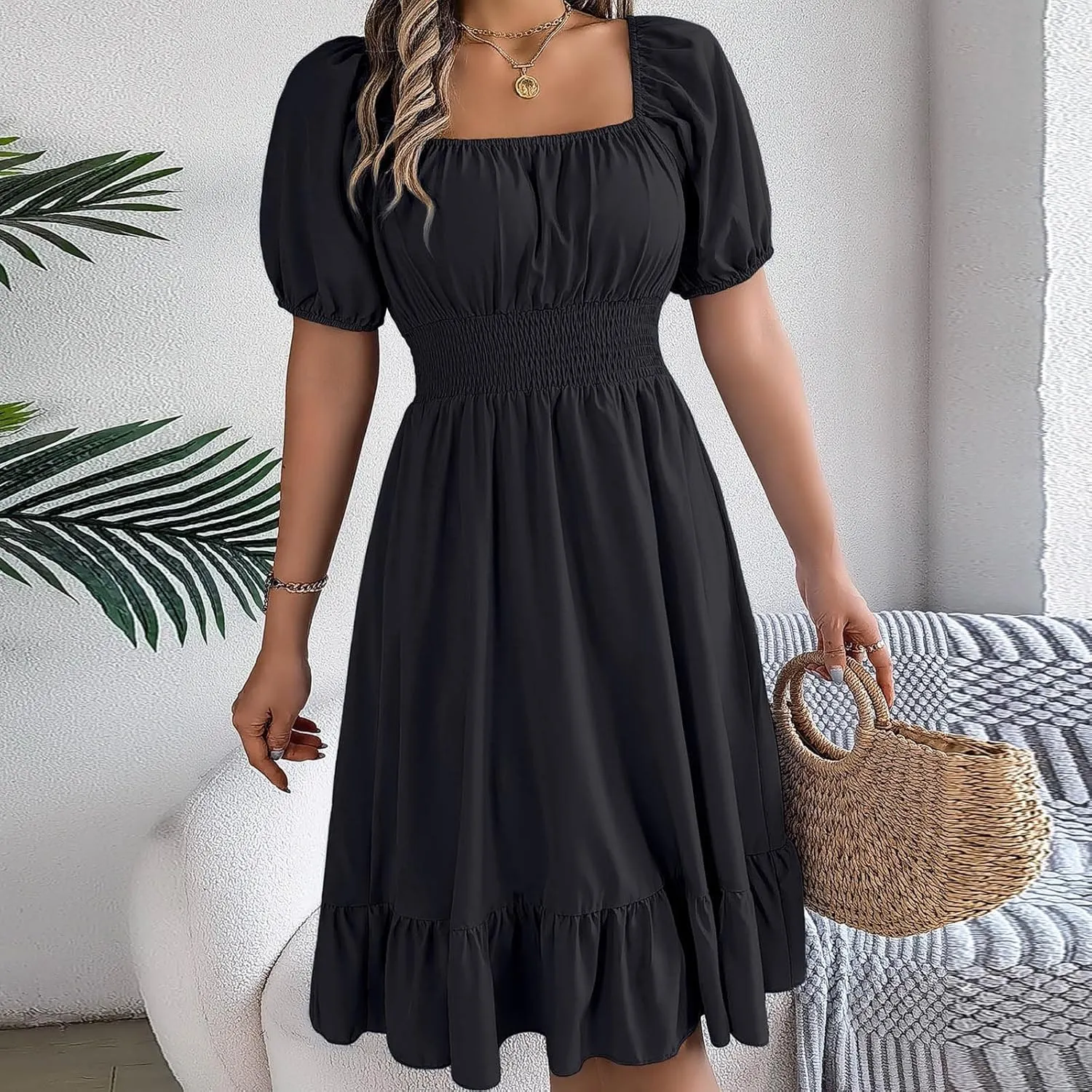 Womens Summer Dresses Short Sleeve Casual Swing Dress Elegant Square Neck Empire Waist Ruffle Sundress 2024