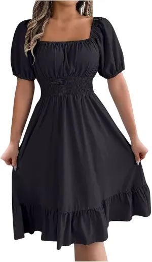 Womens Summer Dresses Short Sleeve Casual Swing Dress Elegant Square Neck Empire Waist Ruffle Sundress 2024