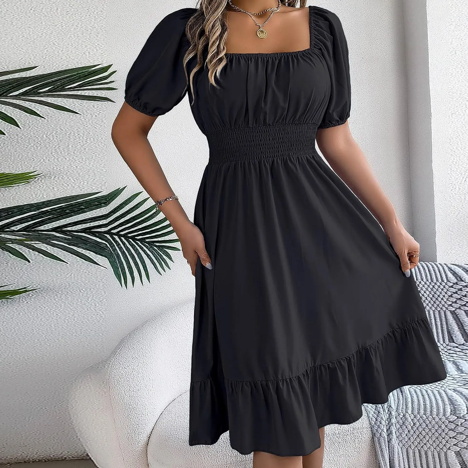Womens Summer Dresses Short Sleeve Casual Swing Dress Elegant Square Neck Empire Waist Ruffle Sundress 2024
