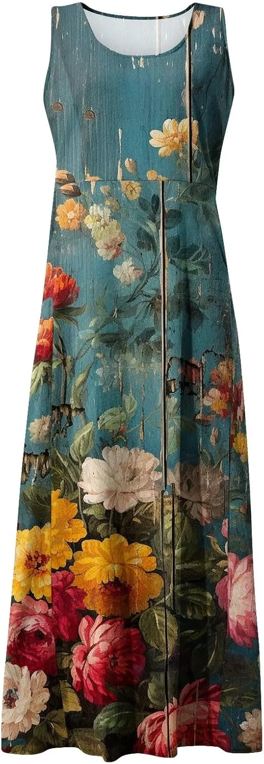 Womens Summer Dresses Sleeveless Floral Print Boho Dress U Neck A-Line Sundress Trendy Beach Dress with Pockets