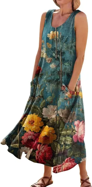 Womens Summer Dresses Sleeveless Floral Print Boho Dress U Neck A-Line Sundress Trendy Beach Dress with Pockets