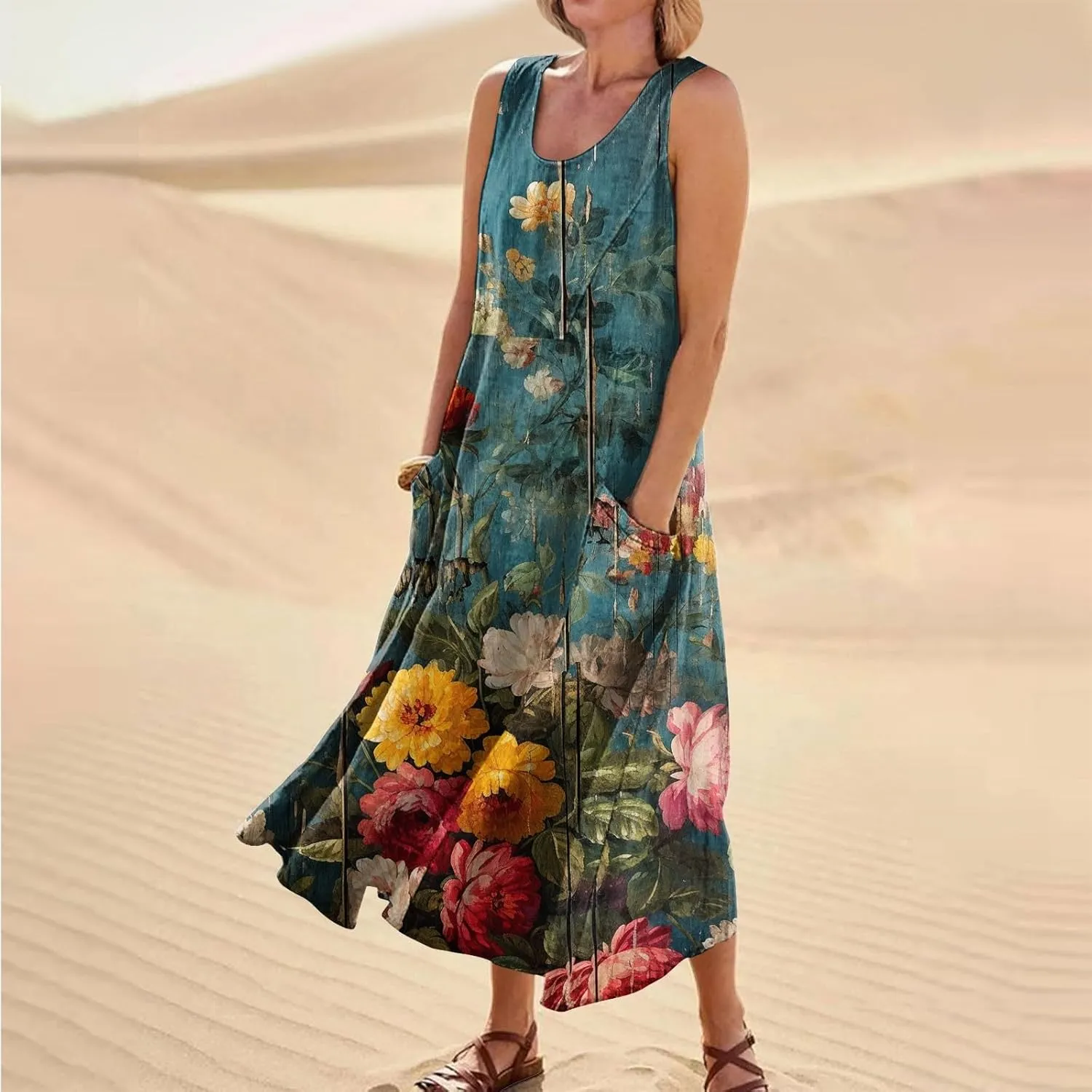 Womens Summer Dresses Sleeveless Floral Print Boho Dress U Neck A-Line Sundress Trendy Beach Dress with Pockets