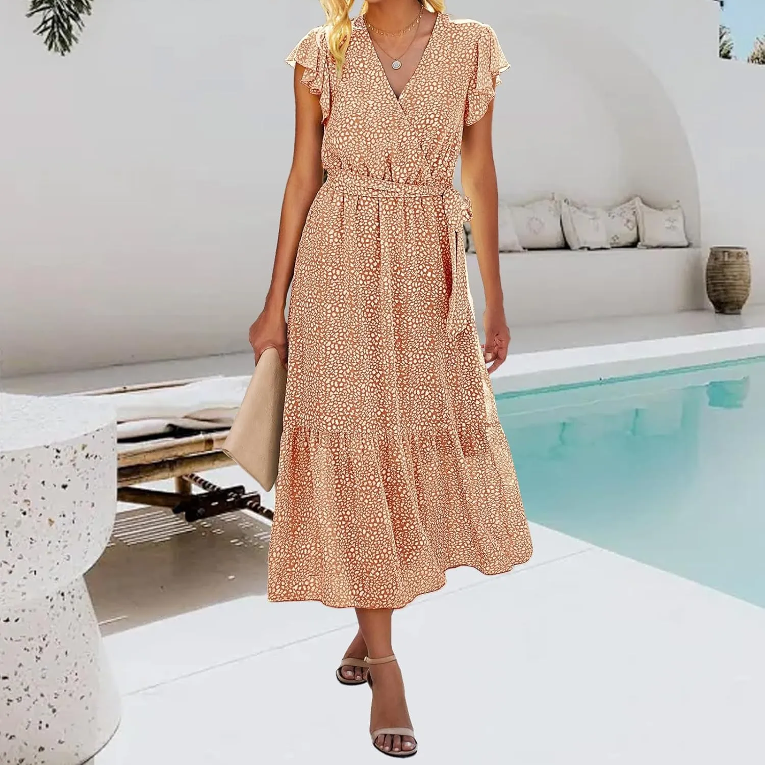 Women's Summer Floral Boho Dress Casual Wrap V Neck Ruffle Cap Sleeve Dress A-Line Flowy Belted Dresses Beach Dresses