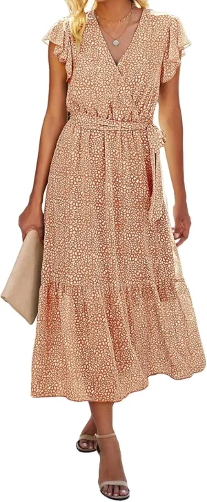 Women's Summer Floral Boho Dress Casual Wrap V Neck Ruffle Cap Sleeve Dress A-Line Flowy Belted Dresses Beach Dresses