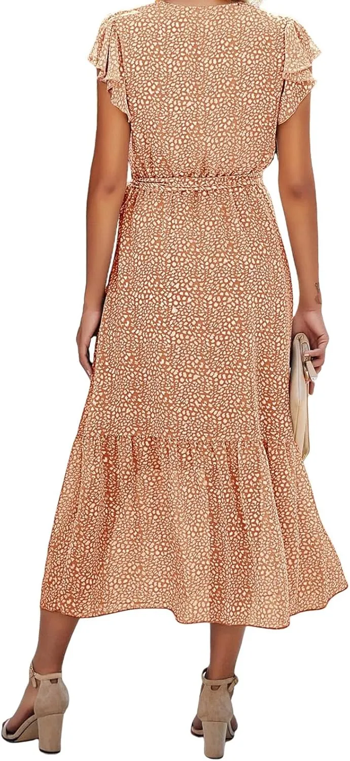 Women's Summer Floral Boho Dress Casual Wrap V Neck Ruffle Cap Sleeve Dress A-Line Flowy Belted Dresses Beach Dresses