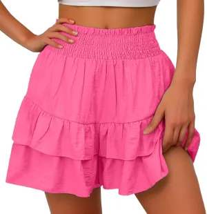 Womens Summer Skorts Flowy Mini Skirts High Waist Ruffle Tiered Skorts Casual Boho Beach Skirts Built-in Shorts