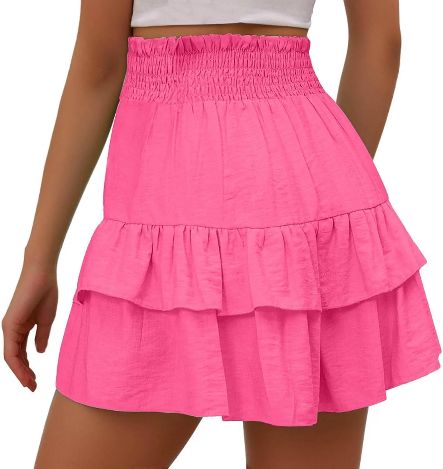 Womens Summer Skorts Flowy Mini Skirts High Waist Ruffle Tiered Skorts Casual Boho Beach Skirts Built-in Shorts