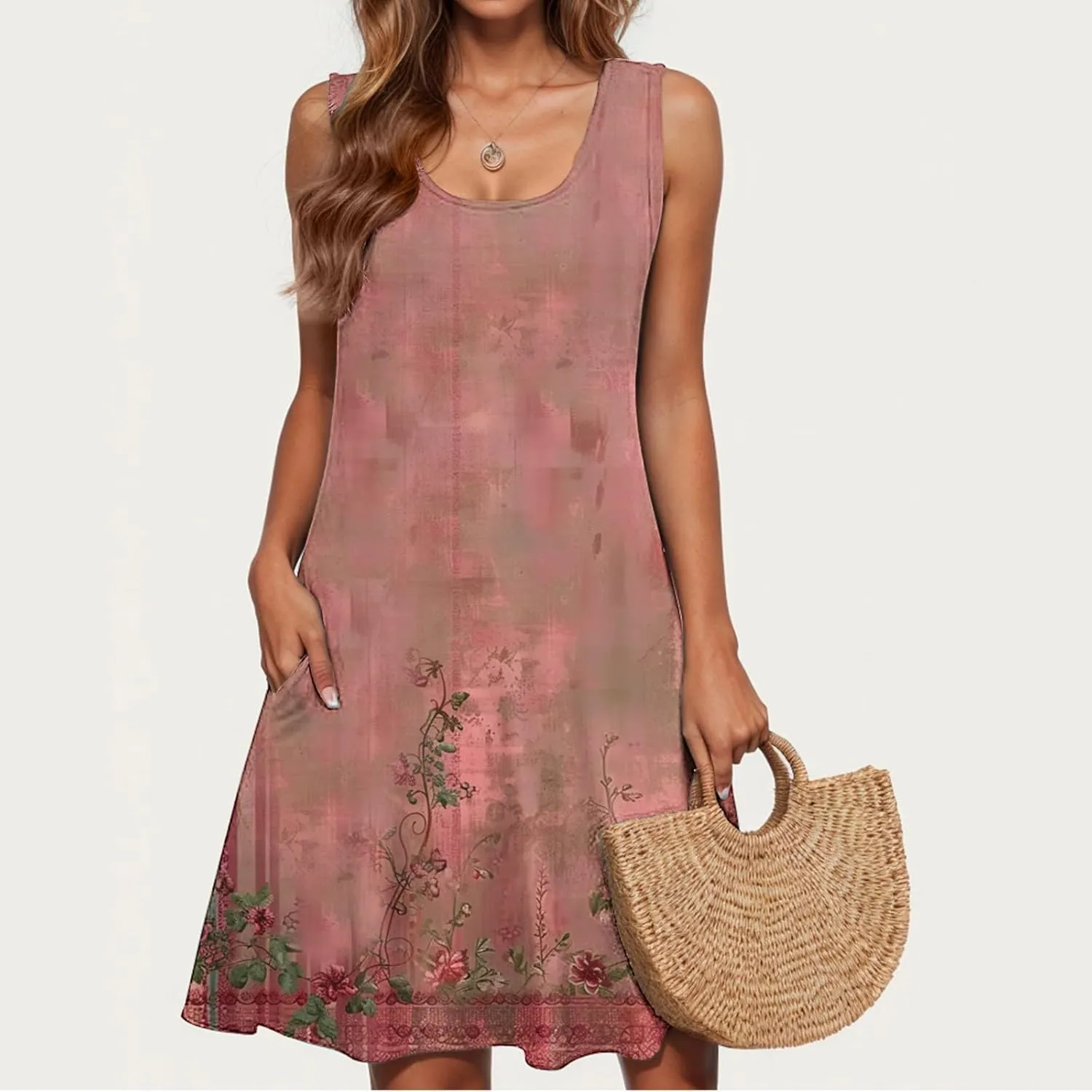 Women's Summer Sleeveless Tank Boho Beach Dress Floral Mini Sundress with Pockets Casual Loose Fit Flowy Tshirt Dress