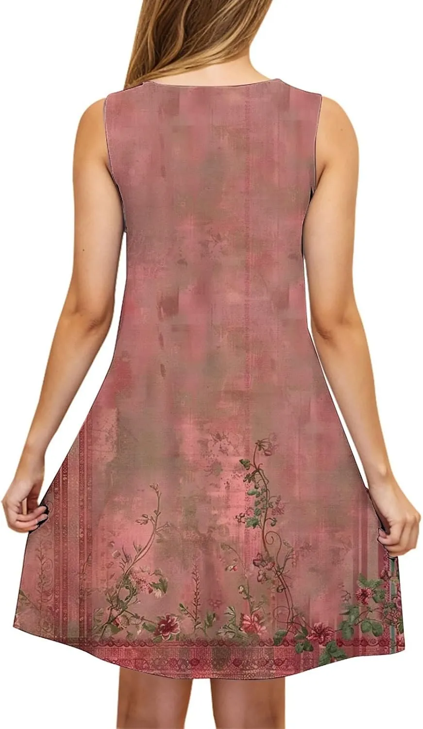 Women's Summer Sleeveless Tank Boho Beach Dress Floral Mini Sundress with Pockets Casual Loose Fit Flowy Tshirt Dress