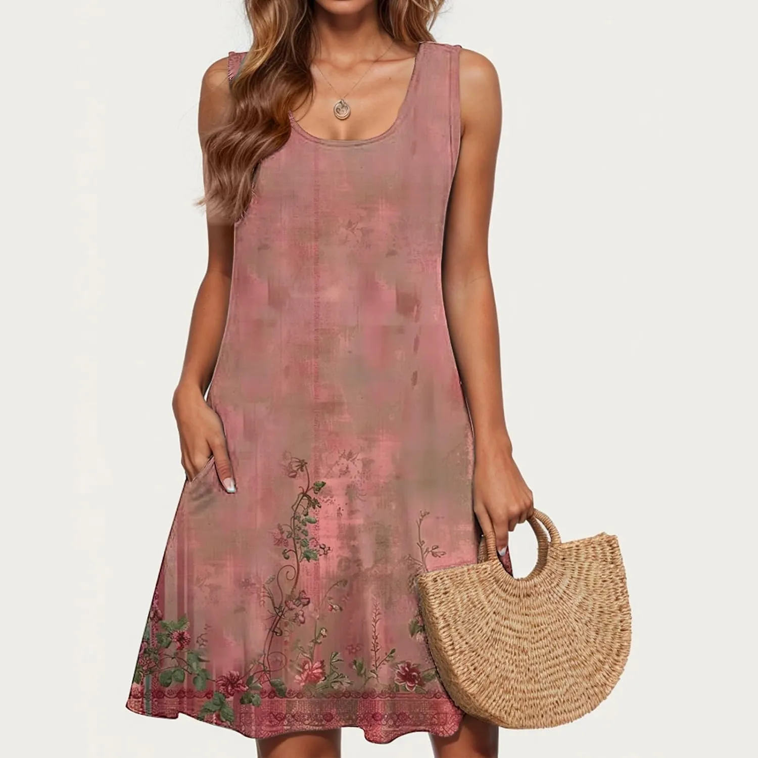 Women's Summer Sleeveless Tank Boho Beach Dress Floral Mini Sundress with Pockets Casual Loose Fit Flowy Tshirt Dress