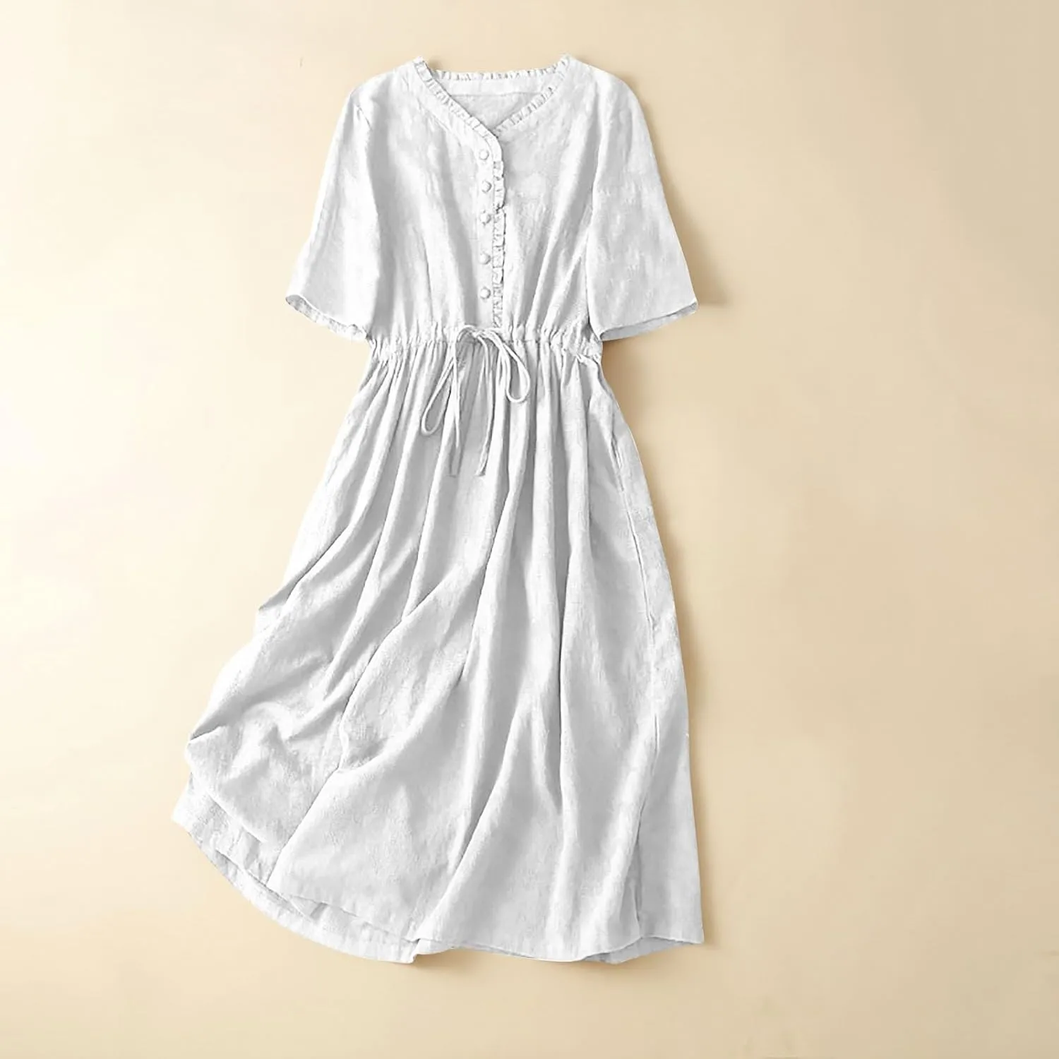 Women's Summer Vintage Jacquard Short Sleeve A Line Shirt Dress Cotton V Neck Button Drawstring Beach Midi Dresses