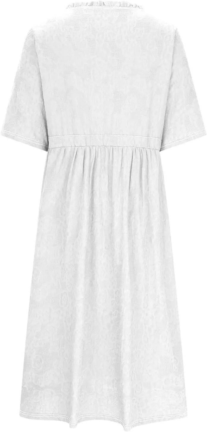Women's Summer Vintage Jacquard Short Sleeve A Line Shirt Dress Cotton V Neck Button Drawstring Beach Midi Dresses