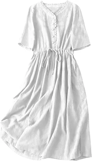 Women's Summer Vintage Jacquard Short Sleeve A Line Shirt Dress Cotton V Neck Button Drawstring Beach Midi Dresses