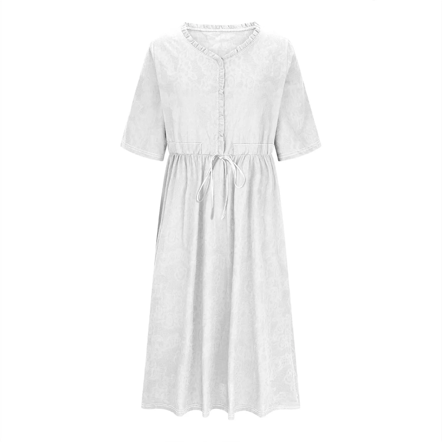 Women's Summer Vintage Jacquard Short Sleeve A Line Shirt Dress Cotton V Neck Button Drawstring Beach Midi Dresses
