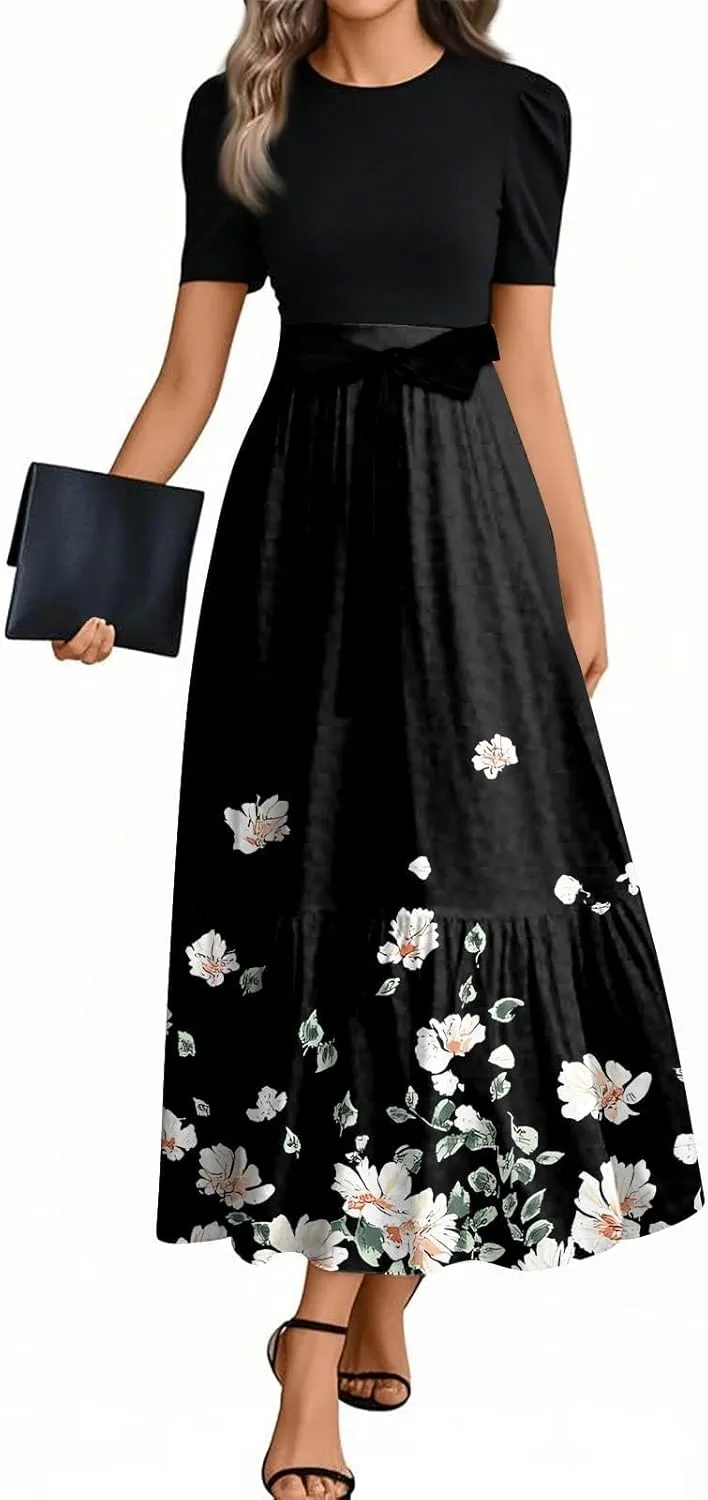 Women's Summer Wrap Dress Casual Boho Floral Printed Sun Dress Crew Neck Short Sleeve Ruffle Hem Beach Long Dresses