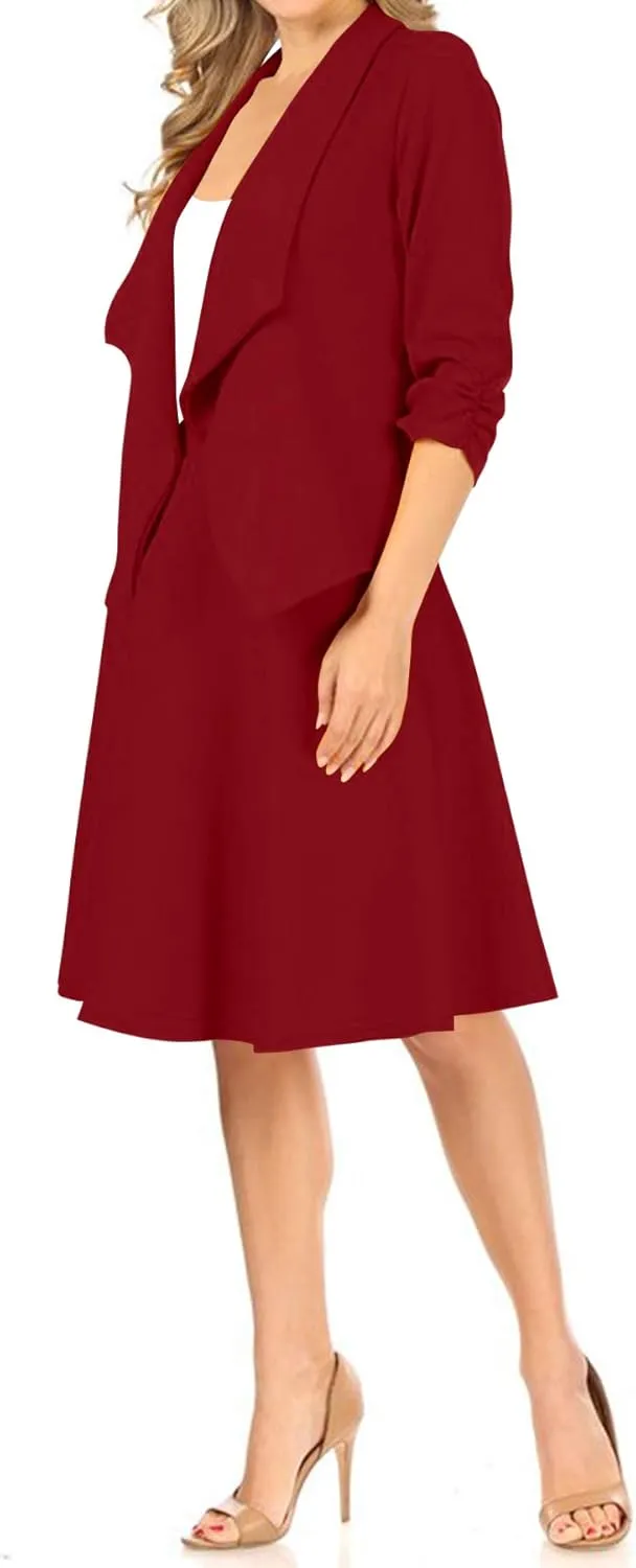 Women's Two-Piece Suit Set  3/4 Sleeve Fitted Blazer and Midi Skirt