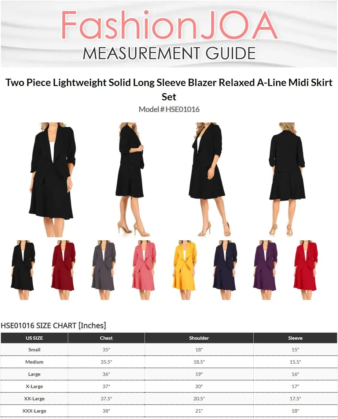 Women's Two-Piece Suit Set  3/4 Sleeve Fitted Blazer and Midi Skirt