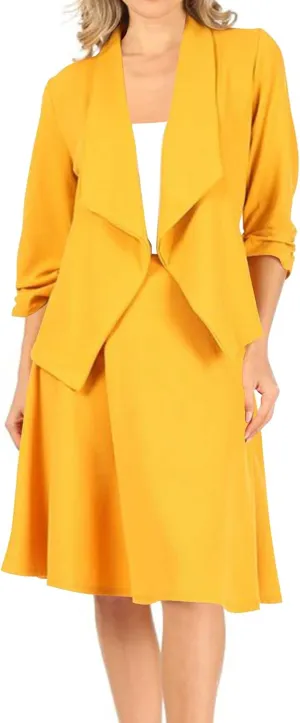 Women's Two-Piece Suit Set  3/4 Sleeve Fitted Blazer and Midi Skirt