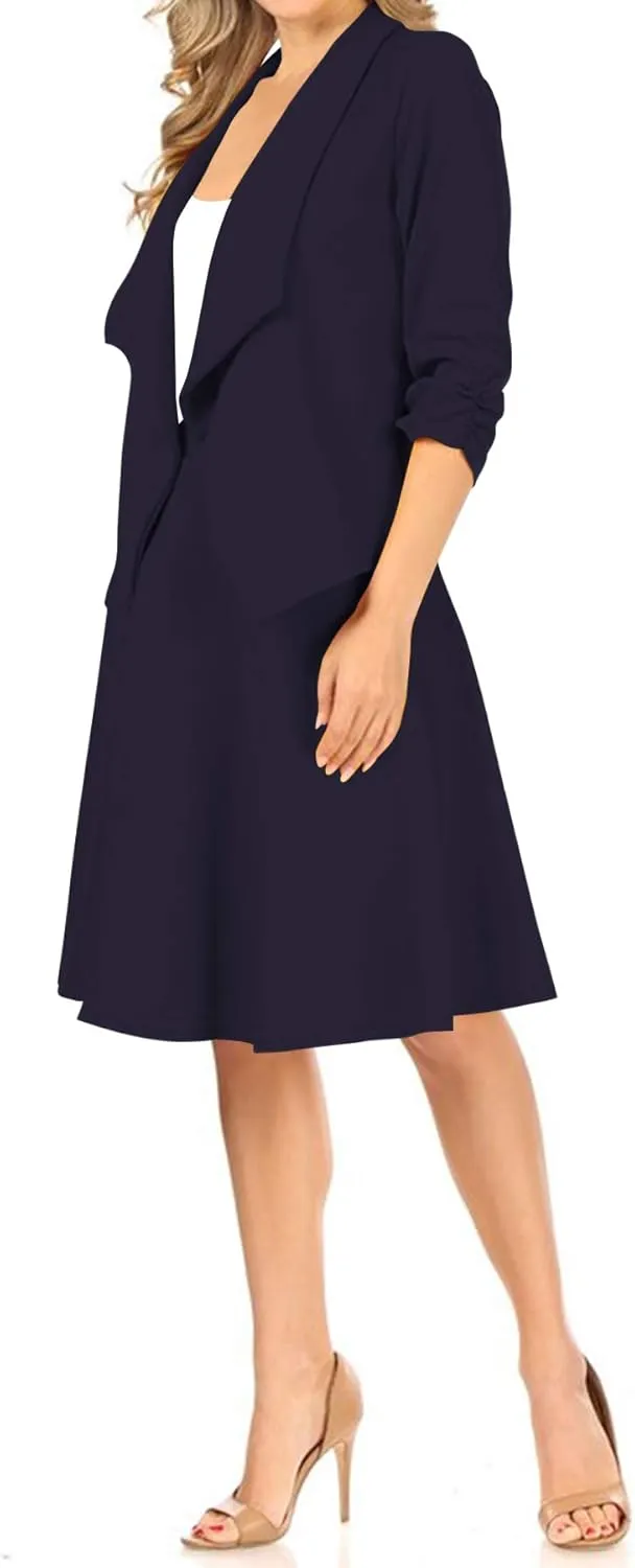 Women's Two-Piece Suit Set  3/4 Sleeve Fitted Blazer and Midi Skirt