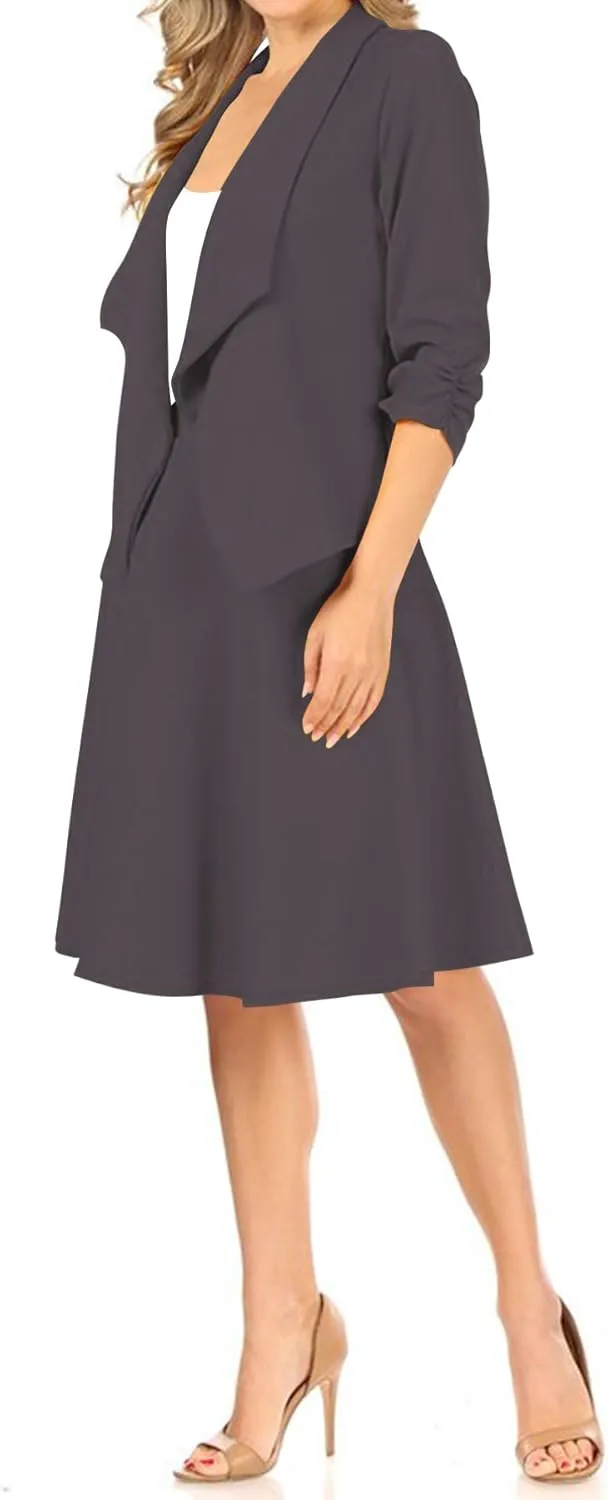 Women's Two-Piece Suit Set  3/4 Sleeve Fitted Blazer and Midi Skirt