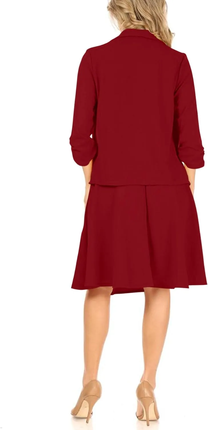 Women's Two-Piece Suit Set  3/4 Sleeve Fitted Blazer and Midi Skirt