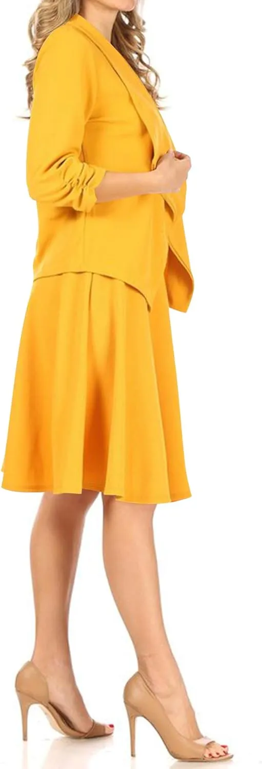 Women's Two-Piece Suit Set  3/4 Sleeve Fitted Blazer and Midi Skirt