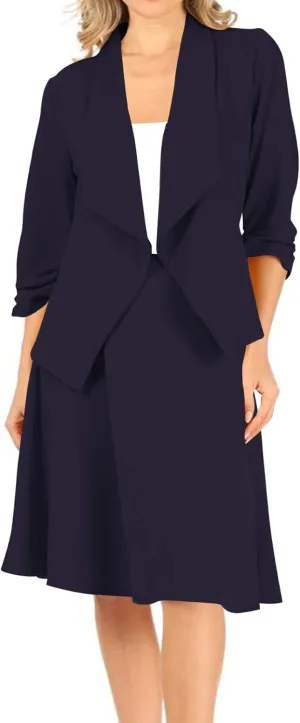 Women's Two-Piece Suit Set  3/4 Sleeve Fitted Blazer and Midi Skirt