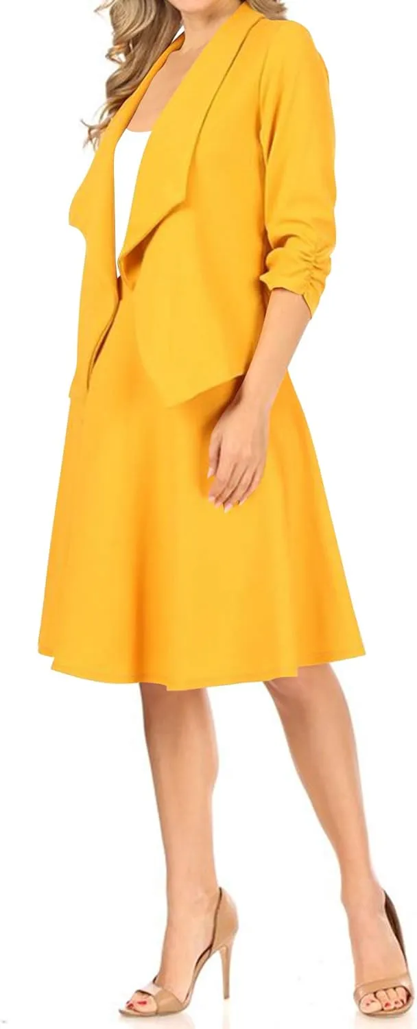 Women's Two-Piece Suit Set  3/4 Sleeve Fitted Blazer and Midi Skirt