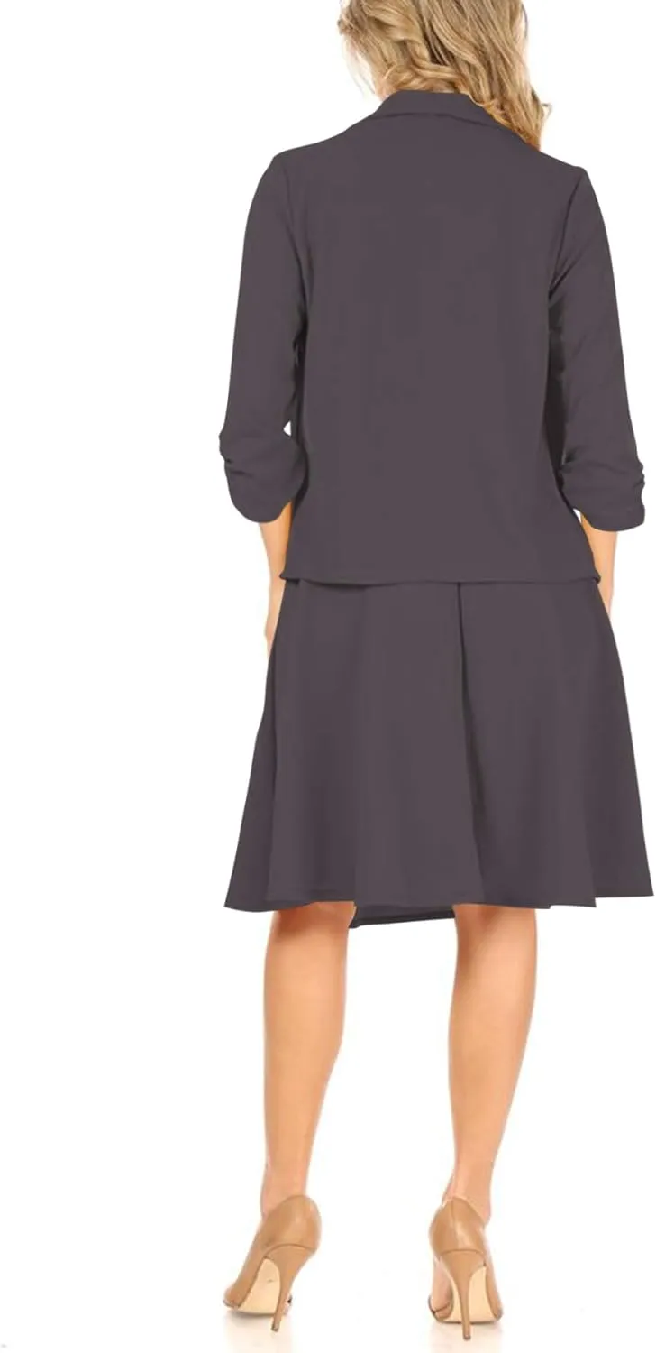 Women's Two-Piece Suit Set  3/4 Sleeve Fitted Blazer and Midi Skirt