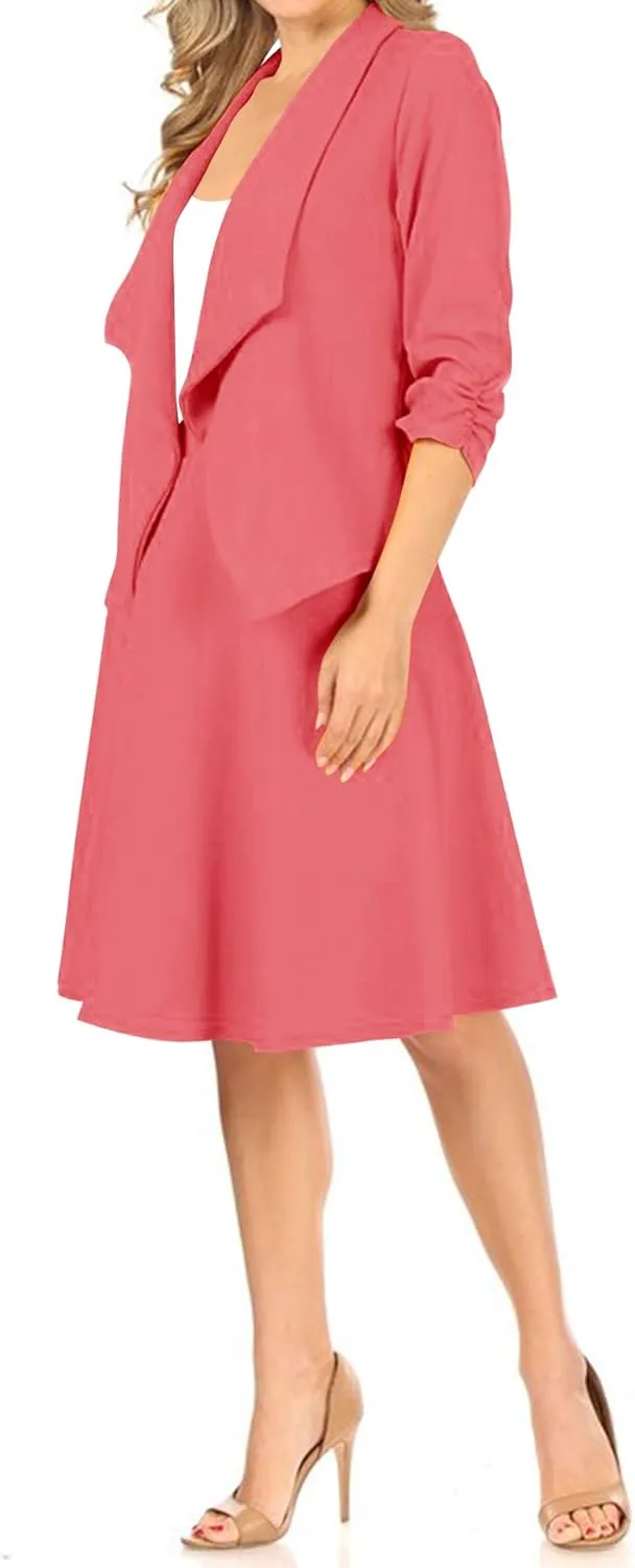 Women's Two-Piece Suit Set  3/4 Sleeve Fitted Blazer and Midi Skirt