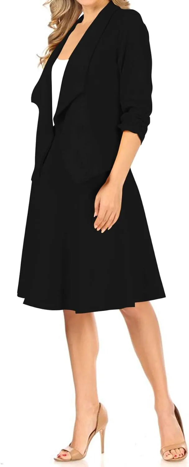 Women's Two-Piece Suit Set  3/4 Sleeve Fitted Blazer and Midi Skirt