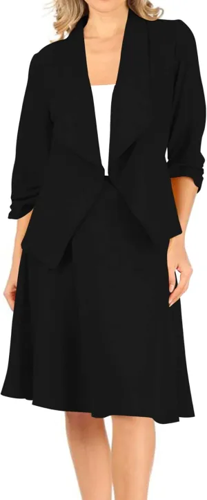 Women's Two-Piece Suit Set  3/4 Sleeve Fitted Blazer and Midi Skirt