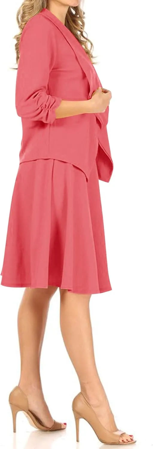 Women's Two-Piece Suit Set  3/4 Sleeve Fitted Blazer and Midi Skirt