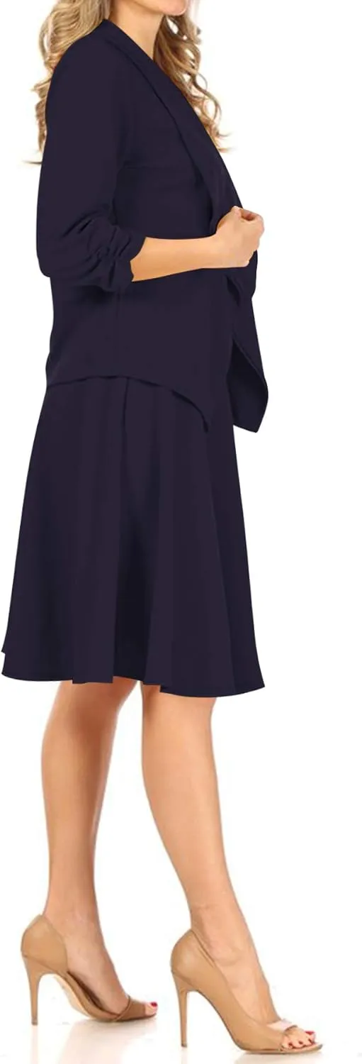 Women's Two-Piece Suit Set  3/4 Sleeve Fitted Blazer and Midi Skirt