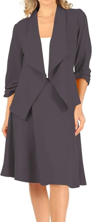Women's Two-Piece Suit Set  3/4 Sleeve Fitted Blazer and Midi Skirt