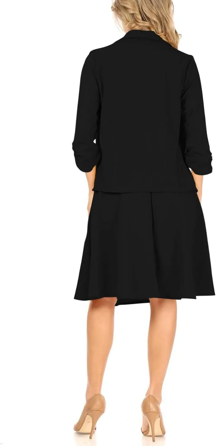 Women's Two-Piece Suit Set  3/4 Sleeve Fitted Blazer and Midi Skirt