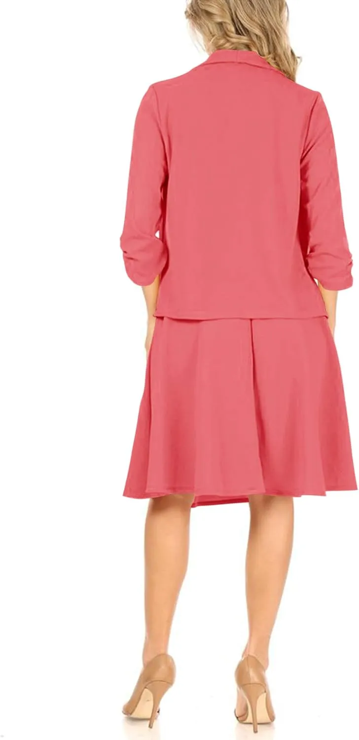 Women's Two-Piece Suit Set  3/4 Sleeve Fitted Blazer and Midi Skirt