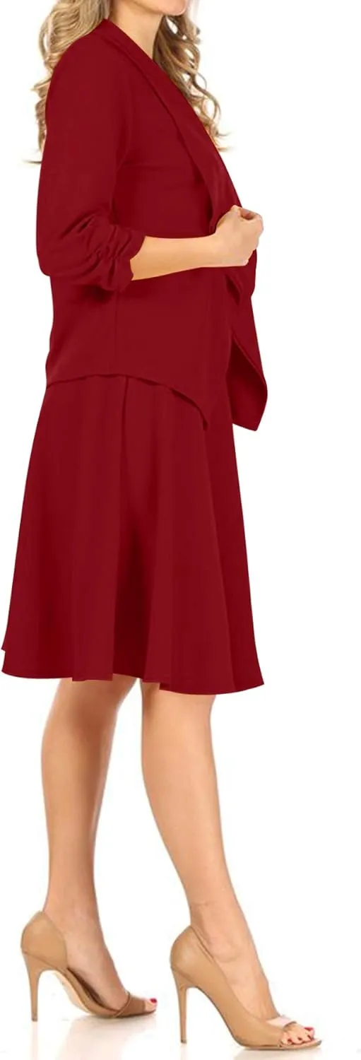 Women's Two-Piece Suit Set  3/4 Sleeve Fitted Blazer and Midi Skirt