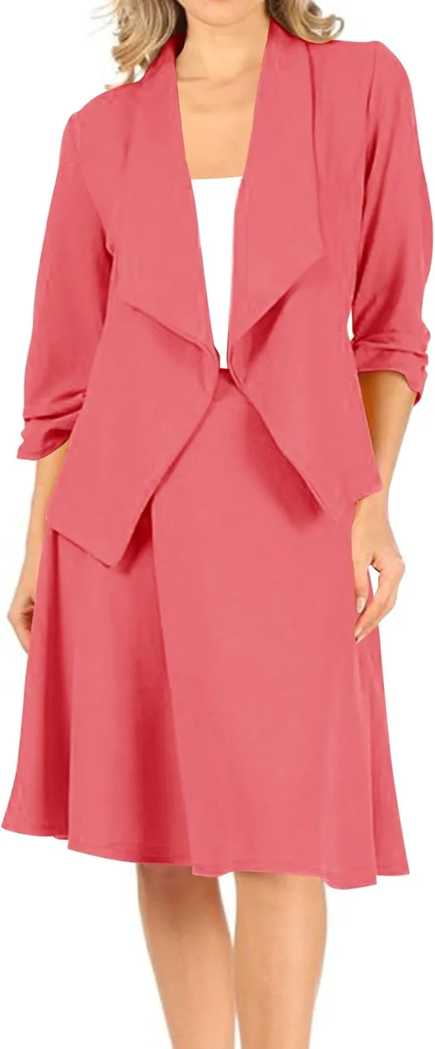 Women's Two-Piece Suit Set  3/4 Sleeve Fitted Blazer and Midi Skirt